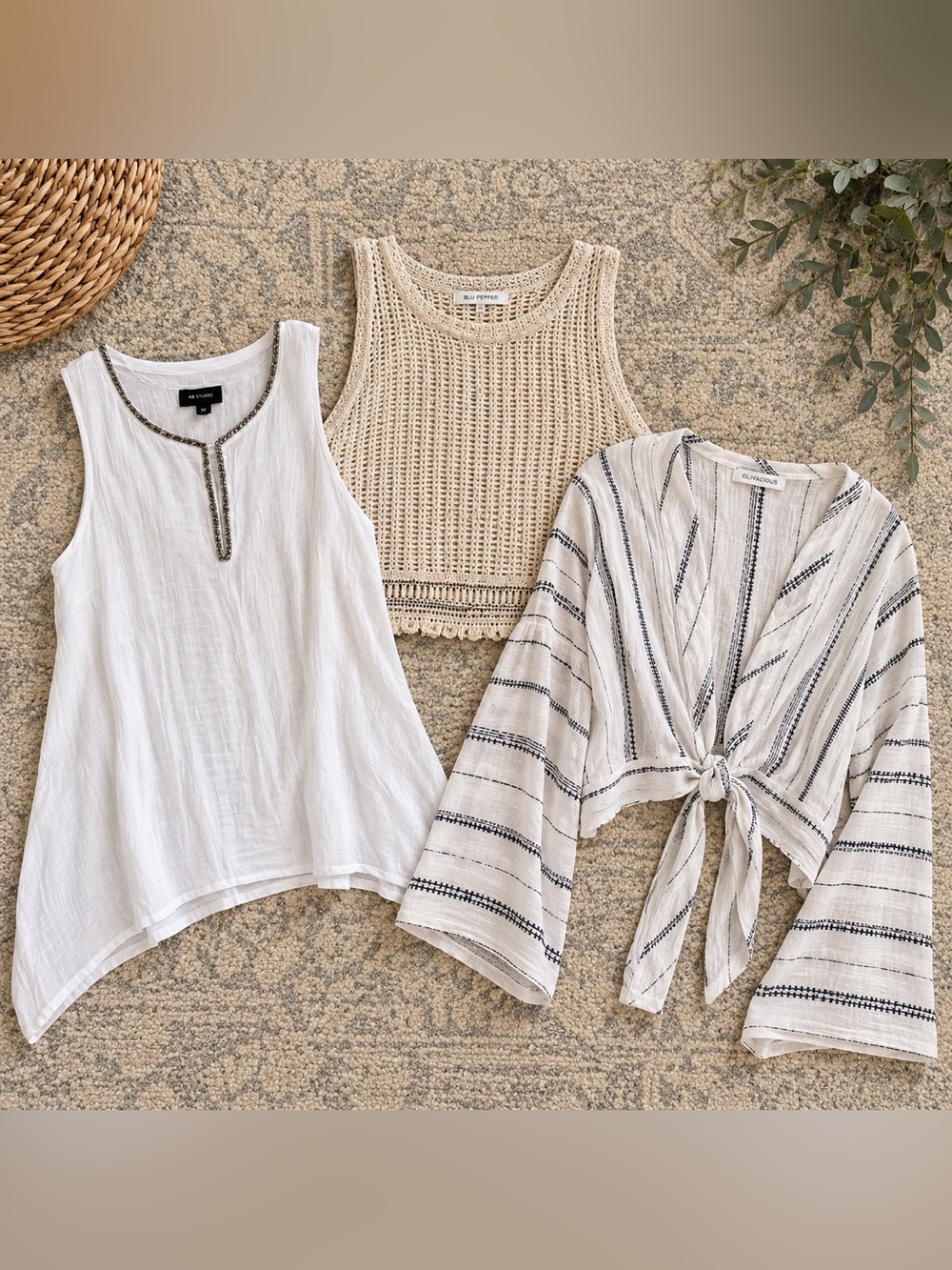 3-Piece Neutral Boho Top Bundle | Crochet, Linen + Tie Front | ONavy & AB Studio